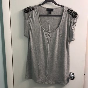 INC International Concepts Gray Short Sleeve Top with Black Embellishments